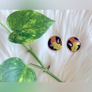 Vintage Gold Orange and Black Cloisonné Clip on Earrings Eclectic Tribal Artsy